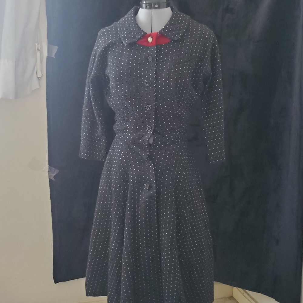 Vintage polka dot retro button down wool dress